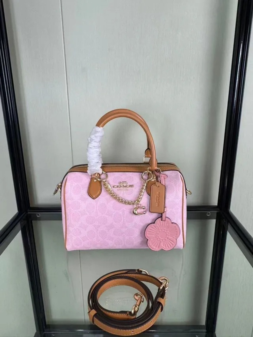 Coach Pink Signature Mini Satchel with Tan Trim and Floral Charm - Picture 1 of 5